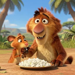 mort and king julien from madagascar 2 escape to africa eating a muller rice
