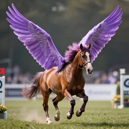 digital art action shot from a distance of 2 0 m of an appaloosa horse with wings. its wings are huge, graceful, unfurled, periwinkle color. the horse's mane is saturated color. it is at steeplechase event. professional, high quality, action, dramatic lighting, octane render, ue 5
