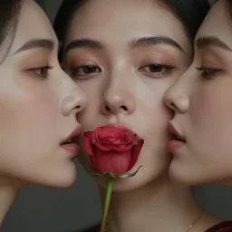hight focus of a wonderful sweet wonderful symmetrical profile portrait of a lady with a clear skin, with a rose in the center of her lips, daz, emotional, new concept art, new interpretation of portrait, new era, digital art, fine art, dramatic light, cinematic, artstation, octane render 8 k s 1
