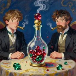 smoking bottle, genie rises from bottle, djinn rises from bottle, rubies, emeralds, table, greg rutkowski, john singer sargent, anime, trending on artstation, oil painting, intricate