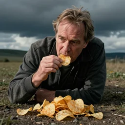 tim curry eating chips on the ground