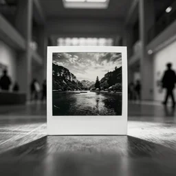computer on floor in the middle of a large museum, black and white polaroid