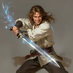 character concept portrait of happy Aaron Taylor Johnson as a swashbuckler attacking with a magic sword. Magic runes floating around the sword, fit, abs, robes, elegant, dynamic perspective, digital painting, concept art, smooth, sharp focus, illustration, from Metal Gear, by Ruan Jia and Mandy Jurgens and William-Adolphe Bouguereau, Artgerm