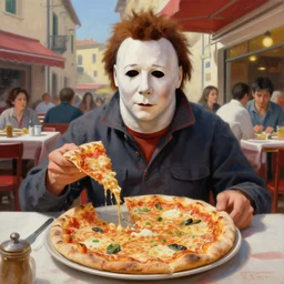 painting of Michael Myers in a traditional Italian restaurant eating a tasty wonderful delicious pizza, sunny, happy, sharp focus, wide shot, trending on ArtStation, masterpiece, by Greg Rutkowski, by Ross Tran, by Fenghua Zhong, octane, soft render, oil on canvas, colorful, cinematic, environmental concept art