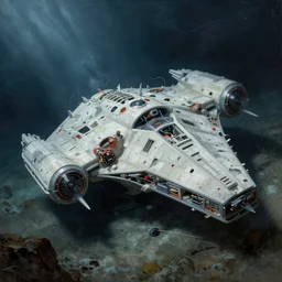 a painting of a crashed star wars spaceship on the seabed underwater, a detailed matte painting by peter madsen, featured on deviantart, space art, matte painting, matte drawing, reimagined by industrial light and magic