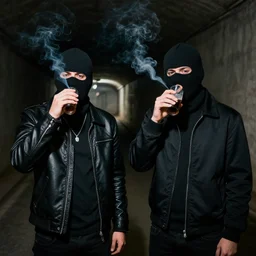 chavs smoking and drinking in a dark tunnel both are wearing balaclavas