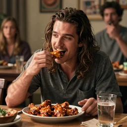 bam margera eating buffalo chicken wings at the apartment from friends tv show, soft lighting, super detailed