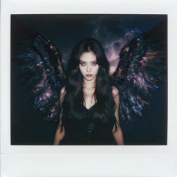 a lost female angel glaring into your eyes, deep cosmic eyes, wide long wings made from dark cosmic nebulas, realistic photograph, polaroid pic by horror