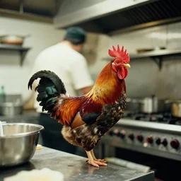 film still of a rooster working in a chinese restaurant kitchens