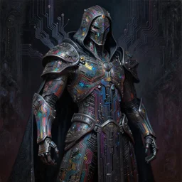 dark cyborg cloak armour made of intricate complex circuitry and microchips, iridescent, warrior assassin, colorful, intricate linework, gothic baroque, intimidating, magical, realistic oil painting, artstation, rutkowski, wlop, chebokha, artgerm