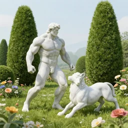 muscular hercules and muscular achilles frolic in a meadow of beautiful flowers, large topiary and marble pillars in the background, painting by gaston bussiere, craig mullins, j. c. leyendecker, tom of finland
