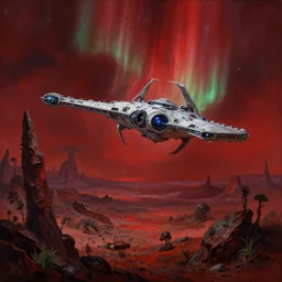 star destroyer spaceship landing on a massive exotic alien landscape, jagged rocks, sparse plants, weird, creepy, quiet, red color scheme, andromeda krogan nebula aurora, detailed painting bioluminance alena aenami artworks in 4 kby gustave darrow, moebius!! dan mumford thomas kinkade