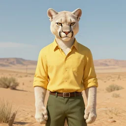 Character portrait of a albino furry anthro albino mountain lion with a grumpy face wearing a yellow button-down shirt and olive green slacks in the desert wilderness, intricate, elegant, highly detailed, digital painting, artstation, concept art, smooth, sharp focus, illustration, art by Krenz Cushart and Artem Demura and alphonse mucha