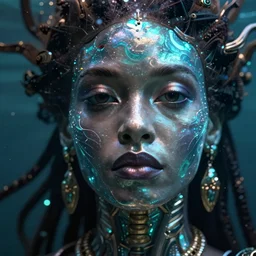 hyperrealistic cybernetic cinematic bioluminescent very expressive! oshun goddess underwater, whole body, highly detailed face, digital art masterpiece, smooth eric zener cam de leon, dramatic pearlescent turquoise light on one side, low angle uhd 8 k, shallow depth of field