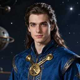 beautiful portrait of a handsome young male wizard wearing a fancy blue tunic, golden medallion around neck, art by wlop and artgerm, steampunk fiction, detailed eyes, long dark brown hair in ponytail, space background, artstation, sharp focus, illustration, caustics, octane render, 4 k, radiant light