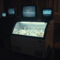 an ice cream fridge in the middle of a neapolitan ice cream river, from 1 9 8 5, bathed in the glow of a crt television, crt screens in background, low - light photograph, scene from a ridley scott movie