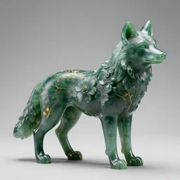 translucent dark green jade sculpture of a wolf growing flowers on its body. delicate veins of gold in the background. photorealistic. hyper - realistic. extremely detailed. 4 k. volumetric lighting. cycles render. ray tracing.