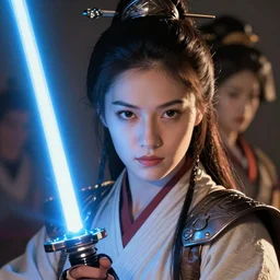 head and shoulders portrait of a female knight, jedi, robes, blue lightsaber, beautiful japanese samurai, star wars, by artgerm, face detail, extremely detailed, digital illustration