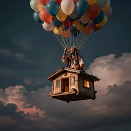 smiling hippy, balloon journey, pulp adventure, flying camp, dark moody night sky, fluffy clouds of subtle opacity, cozy cabin, flying high, gradient aperture
