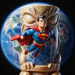 a closeup photorealistic photograph of a trader vic's tiki mug in the style of superman flying through space by the planet earth. bright scene. fine detail. this 4 k hd image is trending on artstation, featured on behance, well - rendered, extra crisp, features intricate detail, epic composition and the style of unreal engine.