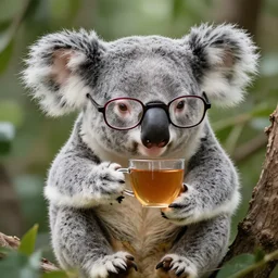 koala with glasses drinking tea