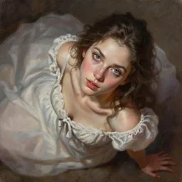 highly detailed oil painting, portrait of woman wearing night gown, fantasy character portrait, dynamic pose, above view, top lighting, realistic shaded, perfect face, 8 k realistic, hyper detailed, digital painting, artstation, concept art, hyper detailed eyes, top lighting
