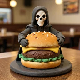 the death eating his hamburger in a restaurant, modeling clay style