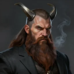 Viking Barbarian with black smoking and long brown beard, Short Brown Hair, Angry look in his face, Mid-30s , wearing a suit, D&D Character Head Portrait, Digital Art, Detailed, Trending on Artstation