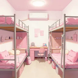 interior of girl's adormitory decorated with pink items, concept art, drawn by greatest artist on artstation.