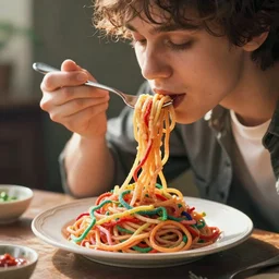 photo of person eating a plate of colorful yarn like spaghetti