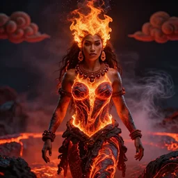 A very beautiful Polynesian woman, lava and fire goddess, is captured in a depth of focus shot with dramatic lighting, rim lights, and high level of detail. She is composed completely of lava, with melting skin and flames for hair. Character is in all her magnificence and is in a naturally calm stance, with air smoke and particles in the atmosphere as well as decorative clouds