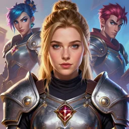 front facing symmetrical centered painted portrait, headshot of Imogen Poots as a D&D Paladin, League of Legends character avatar, Riot Games and Arcane concept art, global illumination lighting, Pixar, trending on artstation, by lois van baarle, ilya kuvshinov, rossdraws