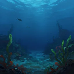 Alien world underwater on the ocean bed, deep blue water color, cinematic perspective, slight green and red plant life around, fish swimming in the background, matte painting, Artstation