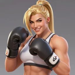 facial portrait of a smiling beautiful thick muscular fitness model zarya from overwatch wearing boxing gloves, roided face, blonde hair and ponytail, elegant, art by stanley artgerm lau wlop rossdraws james jean andrei riabovitchev marc _ simonetti and sakimichan tranding on artstation