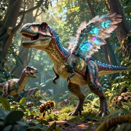 raptor trex dinosaur jurassic park world ark evolution land before time forest creature epic digital fantasy style beeple, by thomas kinkade hearstone league of legends dofus overwatch global illumination rtx bioluminescent wooly feather