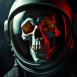 skull in astronaut helmet detailed, epic masterpiece of cinematographic hyperrealism, realistic shaded lighting poster by craig mallismo, artgerm, jeremy