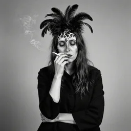 photographic portrait max ernst sad woman giraffe feathers face cigarette smoke, medium long shot