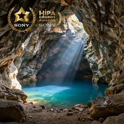 epic view of a secret cave with a blue lake at the deep rear, low sunlight, volumetric light, penumbra, shadow effect, surrealism, beautiful, hipa award winner, sony awards winner, photography, best photography, full of details 8 k, high quality, wide view