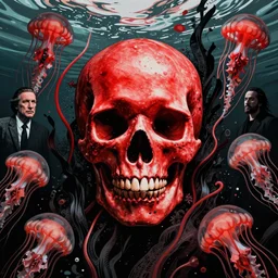 a glowing red skull in the sea enveloped by jellyfish tendrils and black seaweed by josan gonzalez and dan mumford and albrecht anker and miho hirano and ross tran, highly detailed, high contrast, pop art