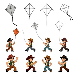 game asset sheet, material study, 2 d sprite, 1 9 5 0 s style rockabilly characters flying kites