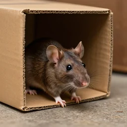 photorealistic brown rat crawling out of a cardboard box in a basement