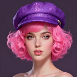 portrait of vanessa morgan with bright pink hair, curly pixie cut hair, wearing a purple cap, breton cap, intricate, elegant, glowing lights, highly detailed, digital painting, artstation, concept art, smooth, sharp focus, illustration, art by wlop, mars ravelo and greg rutkowski