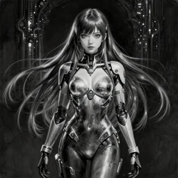 By Tom Bagshaw, ultra realist soft painting of an attractive cyberpunk anime female fully bodysuit armored, with thin lustrous long hair floating, photorealistic eyes render, looking at camera, curiosities carnival, symmetry accurate features, very intricate details, focus, dark fantasy background, black and white, curvy