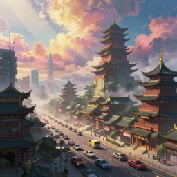 cyberpunk city scene, chinese ancient architecture, traffic flow, chinese style, art by moebius, artstation trending, gorgeous clouds, god rays, fantasy art, octane render, ureal engine, japanese animation, mist, hyperdetailed.