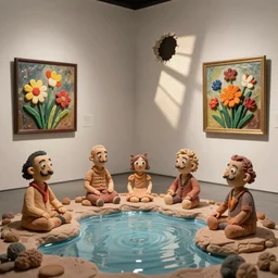 plasticine sculpture stop motion. salvador dali clay models. gallery paintings of flowers. visitors. water on floor. room with a hole in wall. john craxton. shadows. high detail. photorealistic
