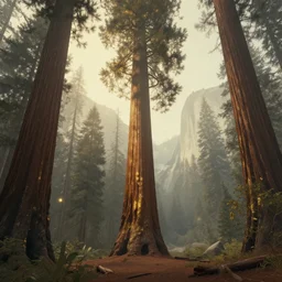 a retrowave style artwork of sequoia national park, a land of the dead, divine, hazy, volumetric lighting, spacetime bending, very detailed, serene, gold accents, washed out colors, beautiful artwork, master level composition, raytracing