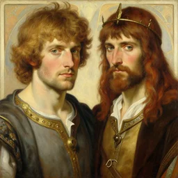 manly arthur pendragon and manly merlin. focus on their faces. natural lighting. highly detailed painting by gaston bussiere, j. c. leyendecker, alphonse mucha, greg rutkowski, 8 k