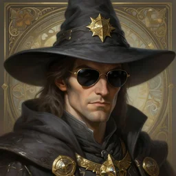 a mind - blowing portrait of a wizard wearing sunglasses, male, wearing a wizard hat, deep focus, d & d, fantasy, intricate, elegant, highly detailed, digital painting, artstation, concept art, matte, sharp, illustration, hearthstone, art by artgerm and greg rutkowski and alphonse mucha