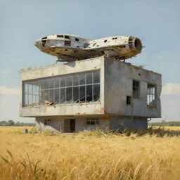 A fantastic painting of a dilapidated post-modern building on a wheat field with an abandoned spaceship parked on the roof of the building, by Mat Collishaw, Trending on artstation, very detailed