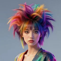 portrait of a post modern fashion model with an exuberant hair style, colorful, octane render, vray, detailed, halftoned, editorial illustration, matte print, grainy light, ( ( dither ) ), risograph, high contrast, screen print